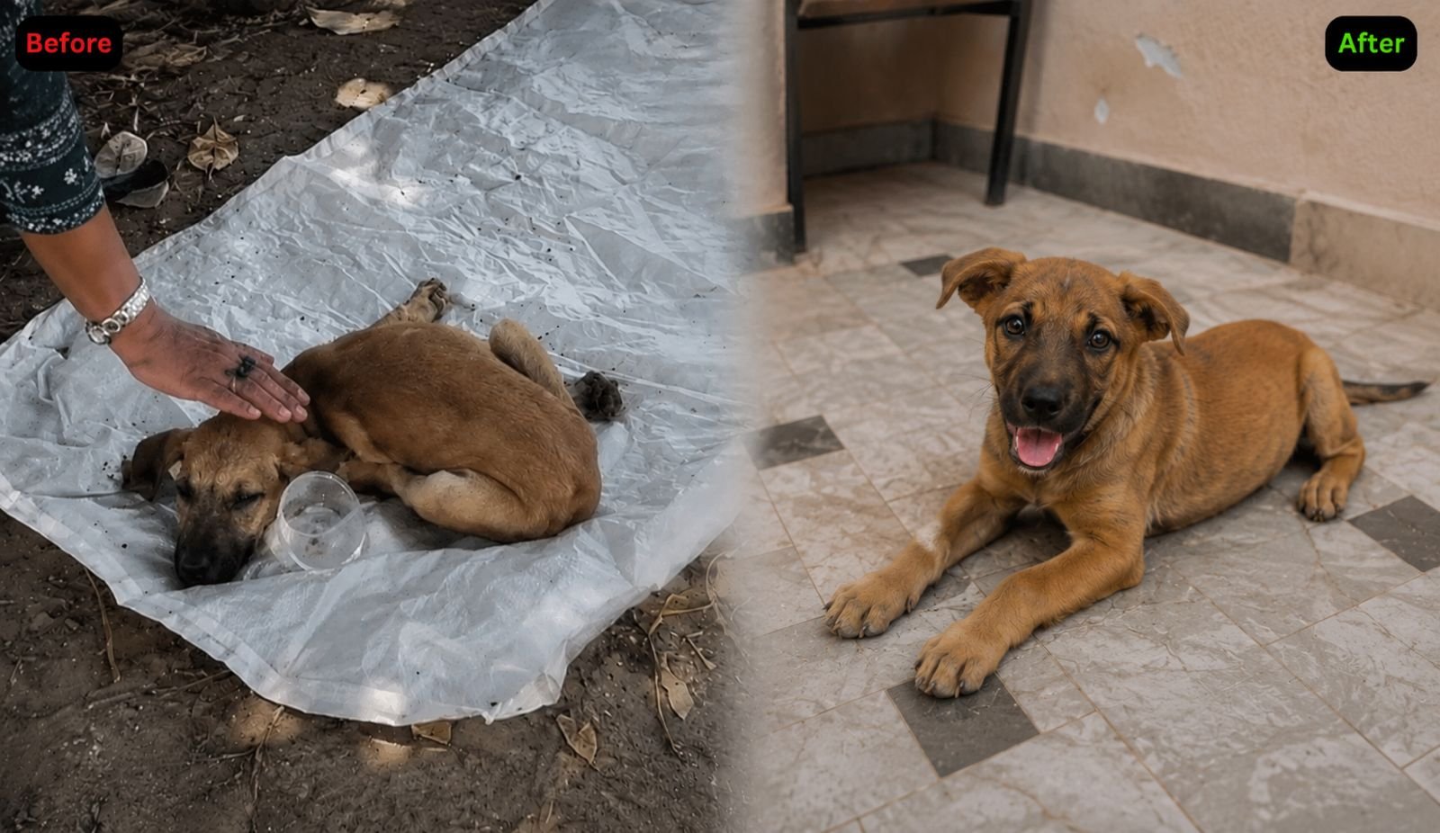 HIFAZAT NGO rescued street dog before and after medical recovery